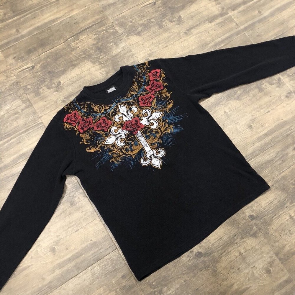 Vintage MMA Elite Long Sleeve Shirt Men Size‎ Large Black Cross Roses Graphic